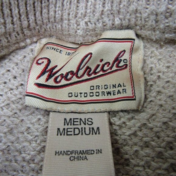 Woolrich Sweater Mens Medium Beige Fisherman Grandpa Logo Casual Gorpcore Hiking - Picture 3 of 4